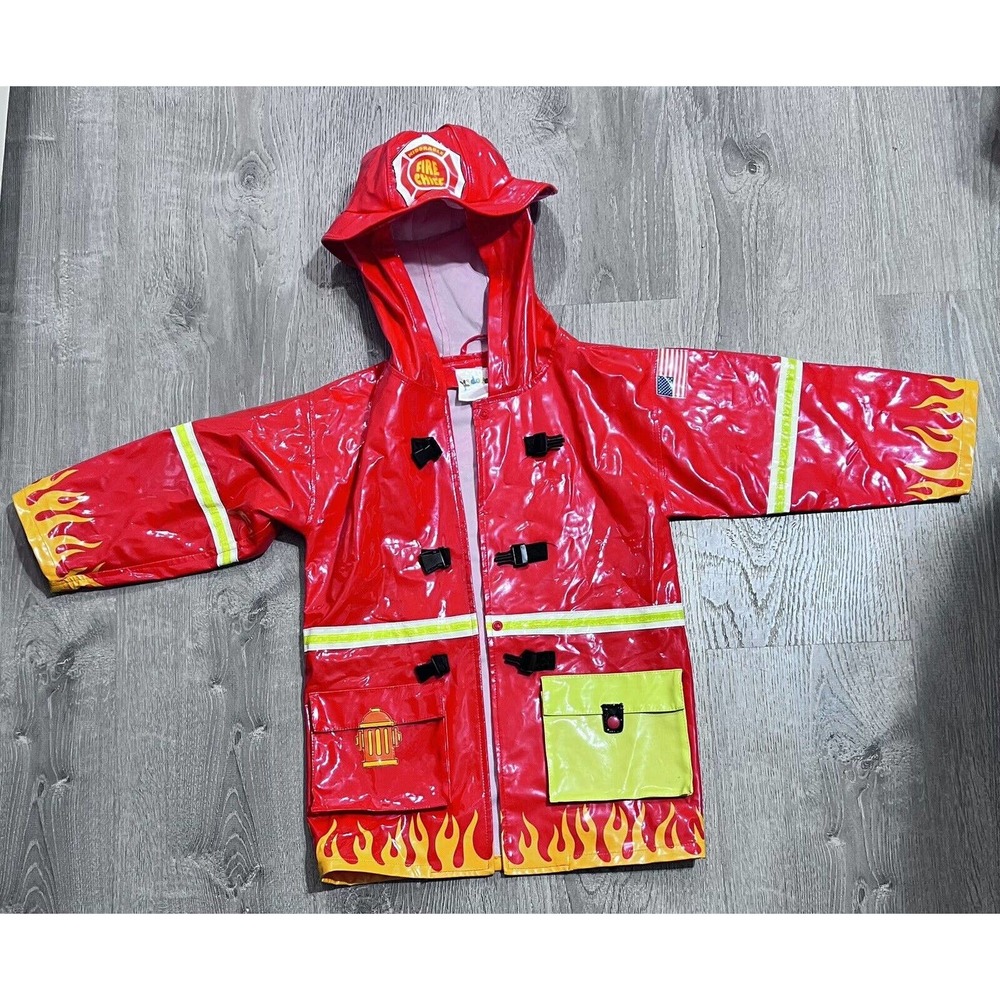 5/6 Fire Chief Junior Firefighter Fireman Costume Rain Coat/Jacket Flag EUC